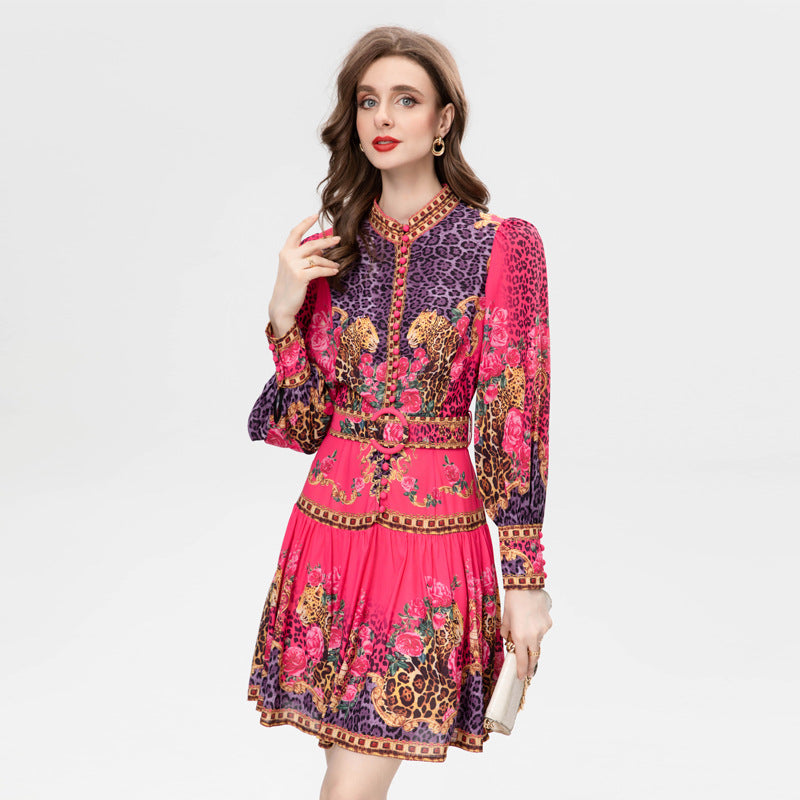 (Copy) Sweet Temperament Positioning Printing Single-breasted Belt Long Sleeve Dress