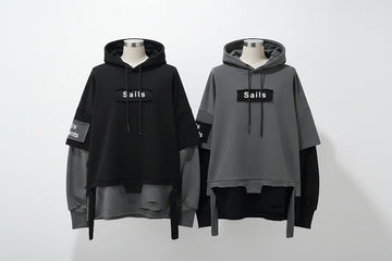 Men's loose fake two long-sleeved hoodies hole cut through hip-hop tide brand men's hurricane print hooded sweater