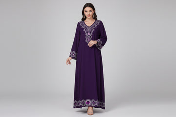 Women's Floral Print V-Neck Long Sleeve Elegant Arabic Maxi Dress