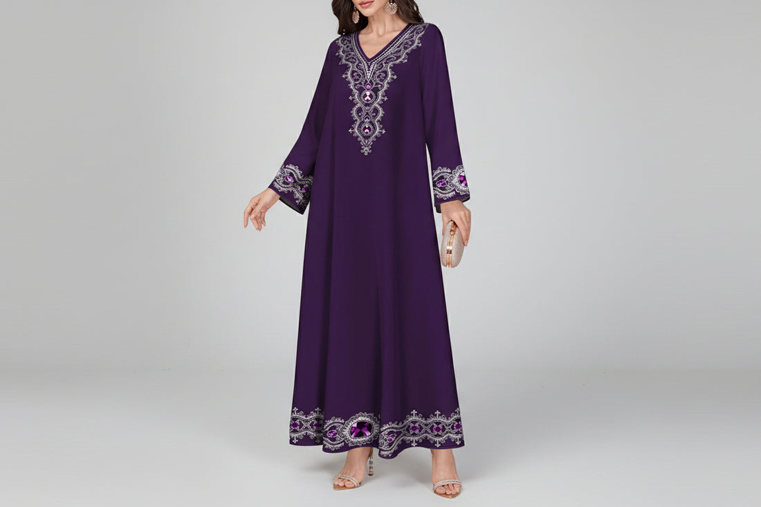 Women's Floral Print V-Neck Long Sleeve Elegant Arabic Maxi Dress