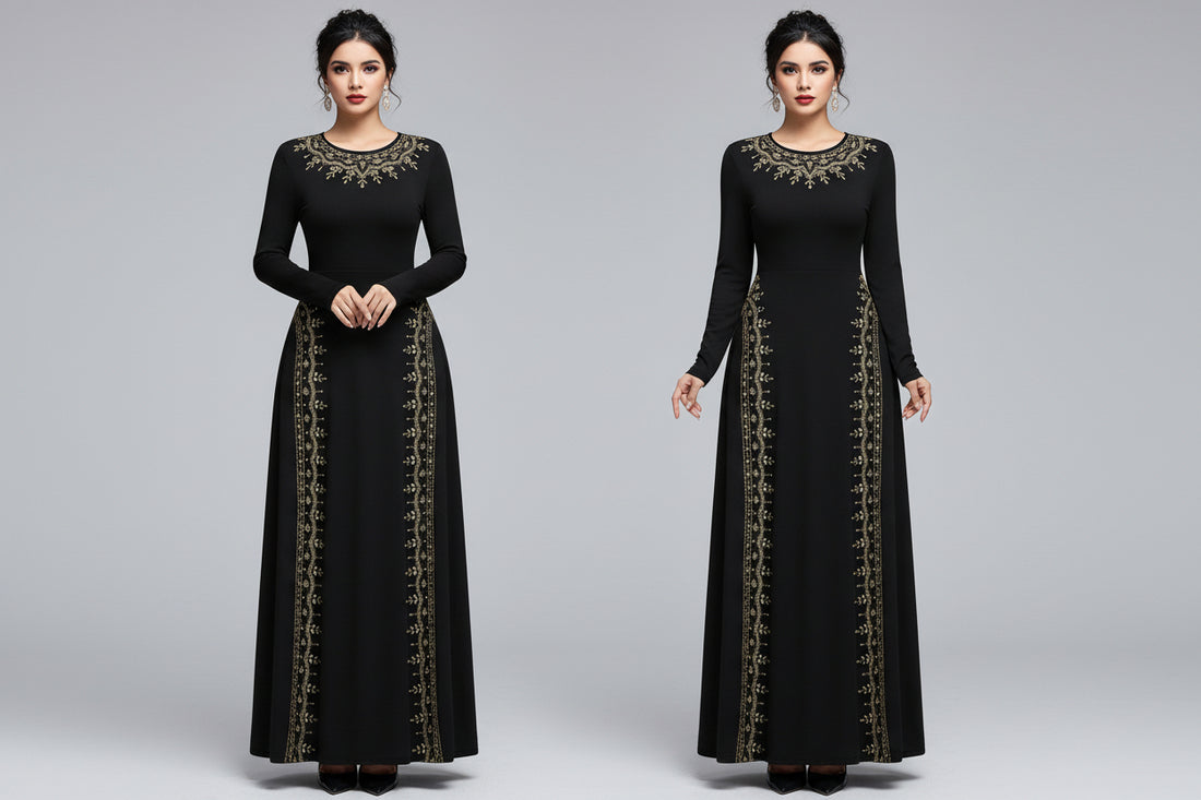 Modelyn Floral & Faux Pearl Retro Print Crew Neck Long Sleeve A-Line Maxi Dress For Women