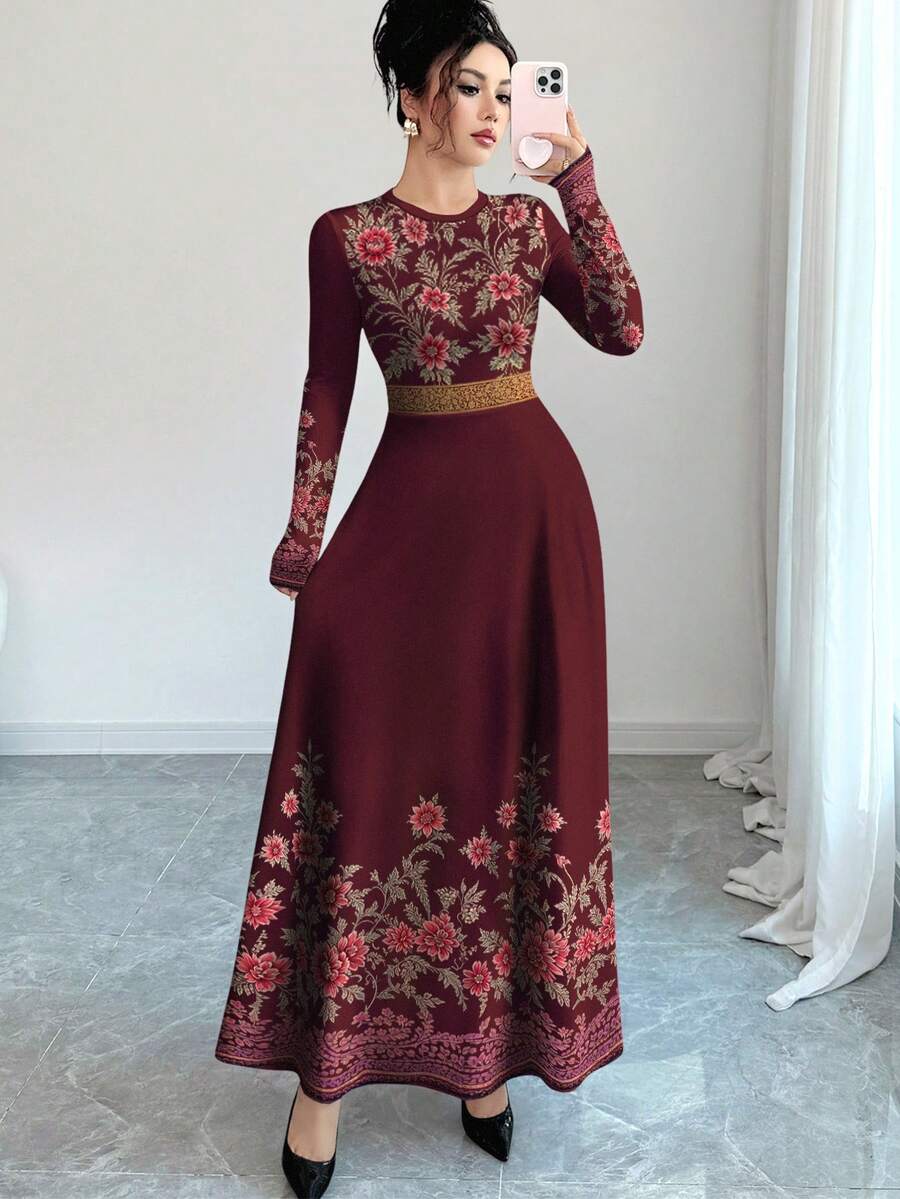Modelyn Floral Pattern Digital Print Crew Neck Long Sleeve A-Line Maxi Dress For Women