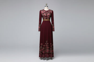 Modelyn Floral Pattern Digital Print Crew Neck Long Sleeve A-Line Maxi Dress For Women