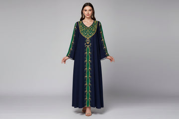 Women's Floral Print Color Block V-Neck Long Sleeve Elegant Arabic Maxi Dress