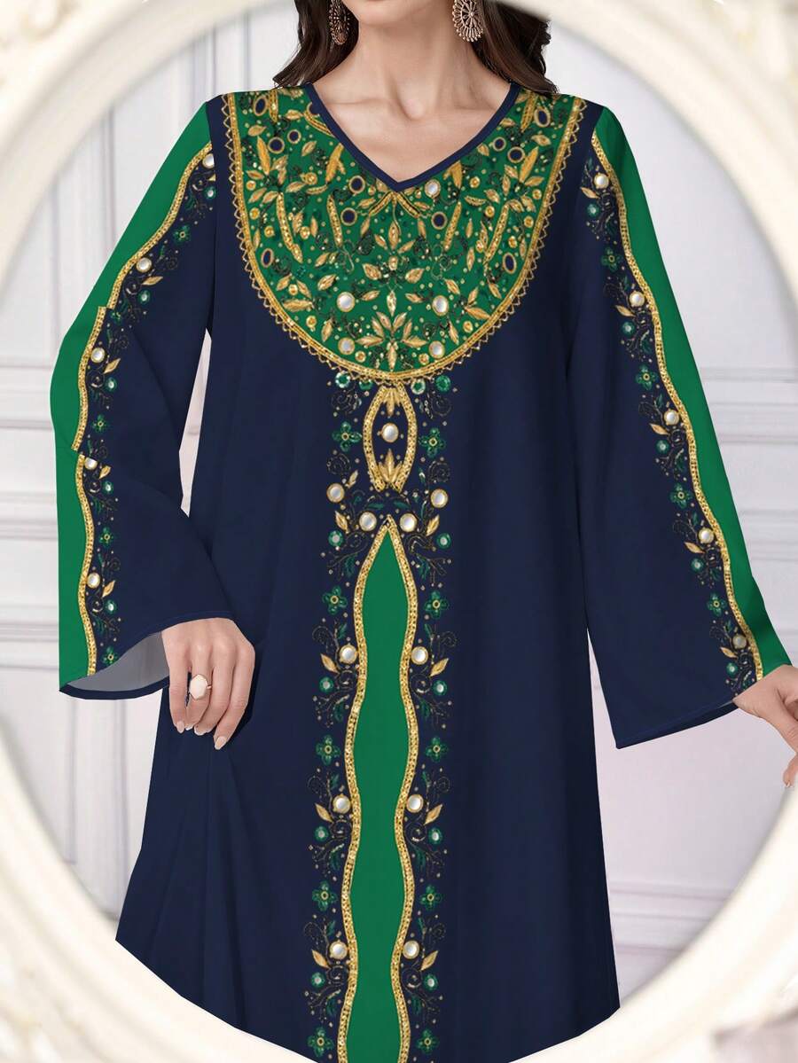 Women's Floral Print Color Block V-Neck Long Sleeve Elegant Arabic Maxi Dress