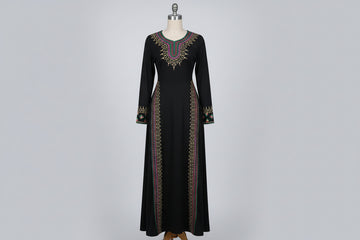 Swirl & Floral Embroidery Print Black Fashionable Round Neck Long Sleeve Waist Cinched A-Line Maxi Dress For Women, Spring Muslim Dress Abaya Dress