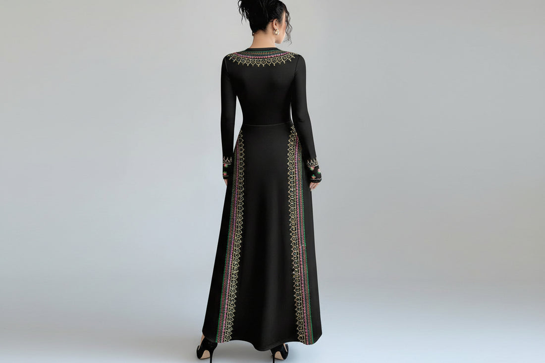 Swirl & Floral Embroidery Print Black Fashionable Round Neck Long Sleeve Waist Cinched A-Line Maxi Dress For Women, Spring Muslim Dress Abaya Dress