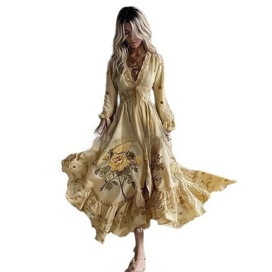 Womens Stylish And Elegant Floral Long-sleeve Dress