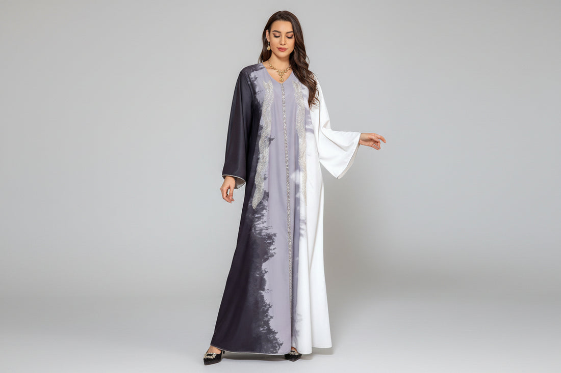 Pearl Embroidery Muslim Dress Tie-dye Rhinestone Robe