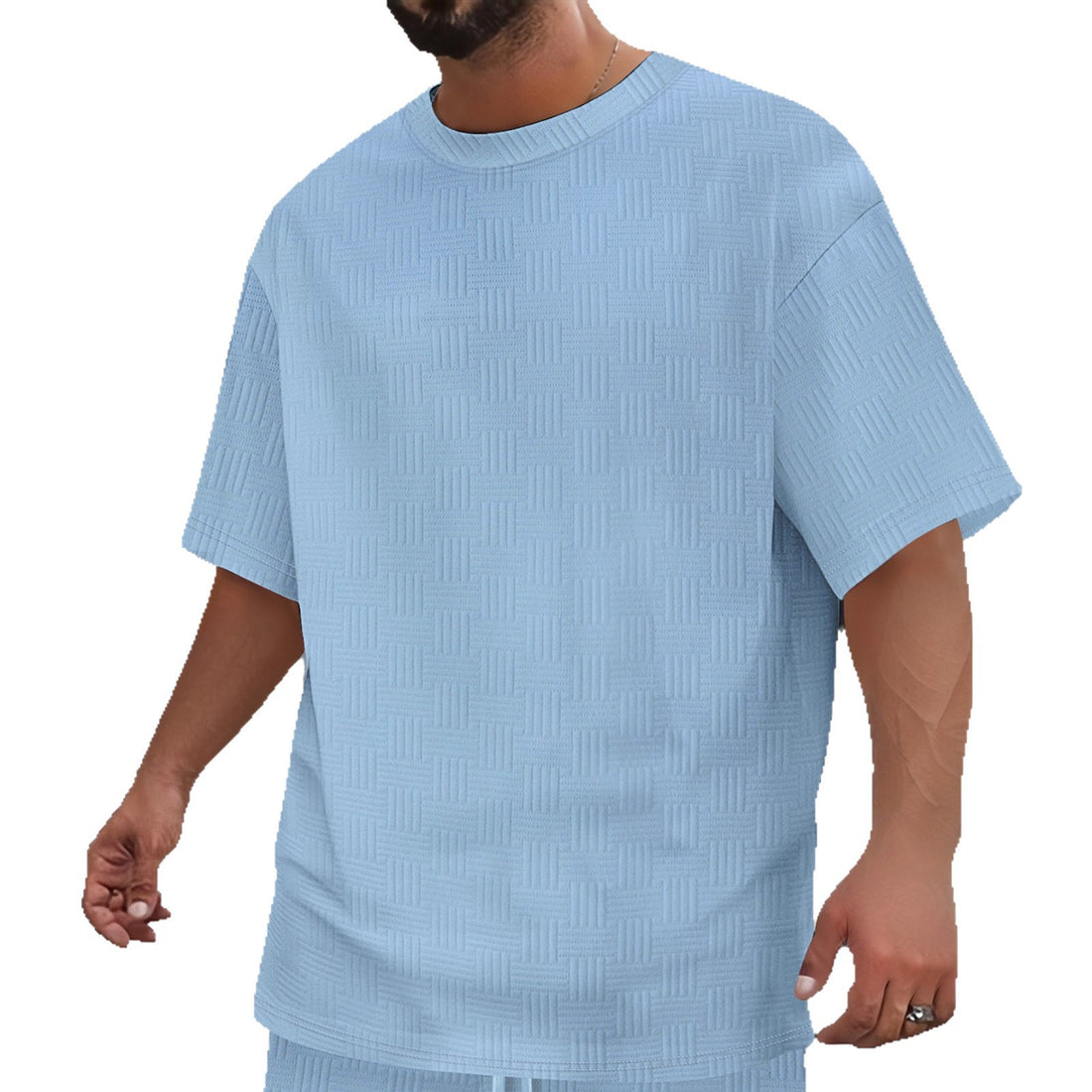 Mens Solid-Color Casual Simple Breathable Jacquard Loose Crew-Neck Short-Sleeve Shirt