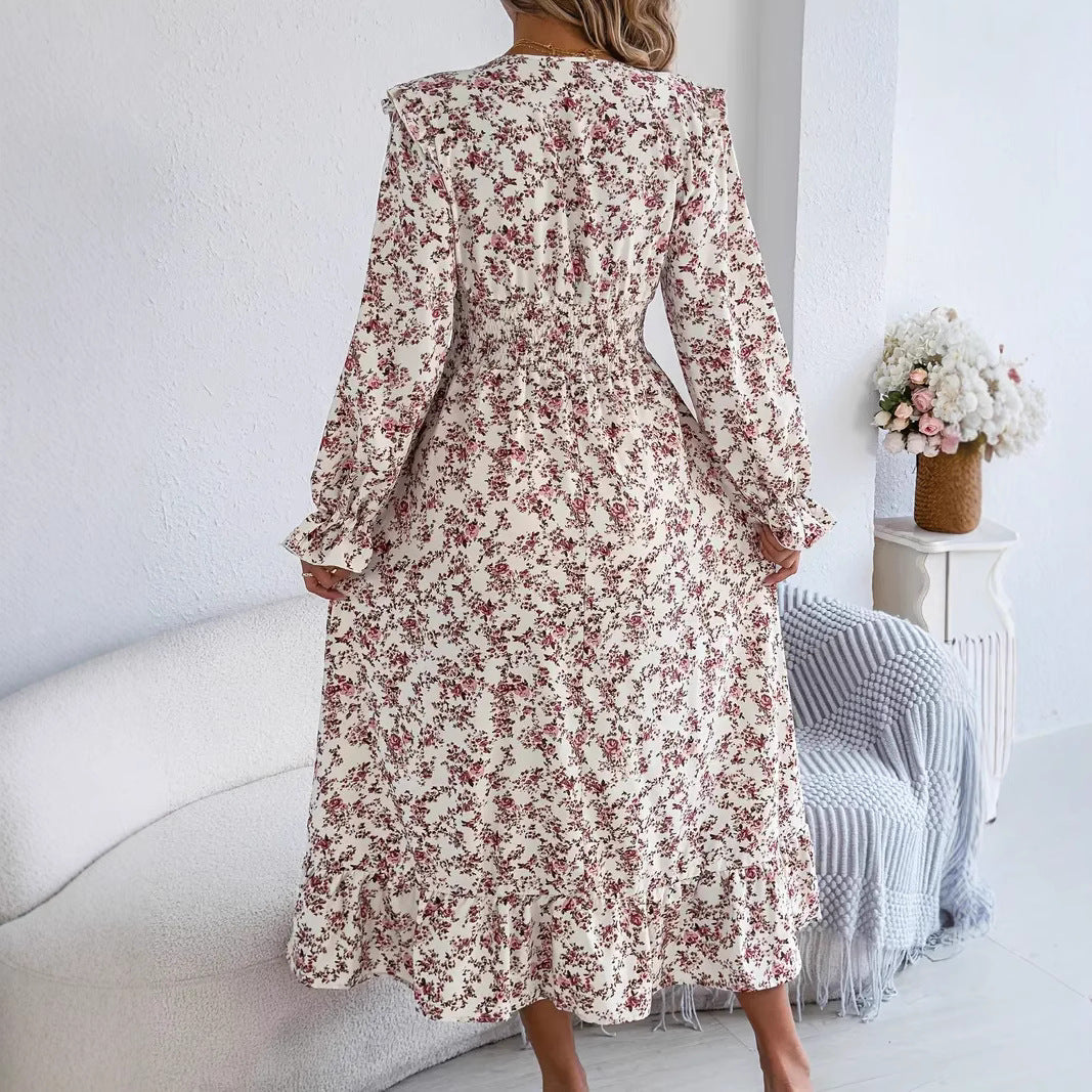 Elegant Floral Cross V-neck Waist Trimming Ruffles Long Dress