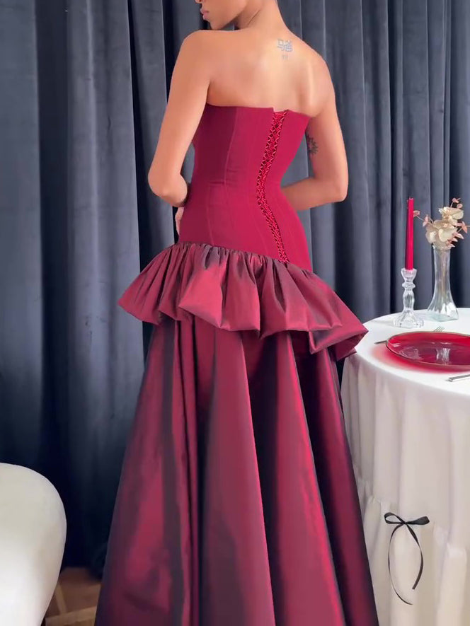 Burgundy Satin Strapless Waist-Cinched Ruffled Maxi Evening Gown