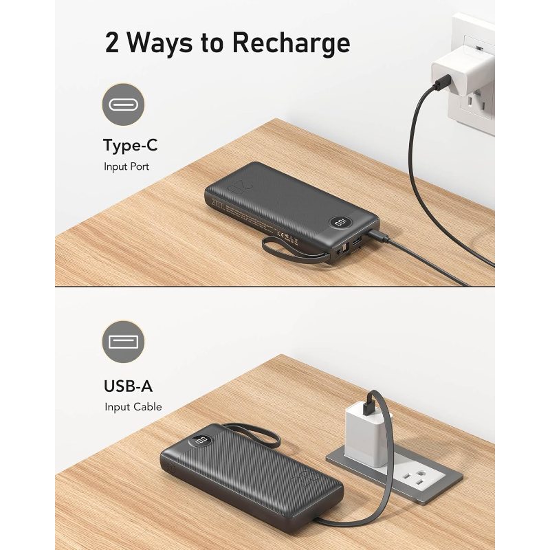 VEGER Power Bank 20000mAh, Slim Portable Charger with Built - in Multiple Cables, High Capacity Fast Charging Battery Pack with Digital Display Screen for iPhone, Samsung, and Mobile Phones - Black