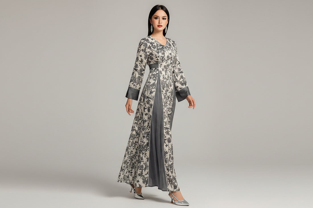 V-neck Satin Printed Muslim Dress