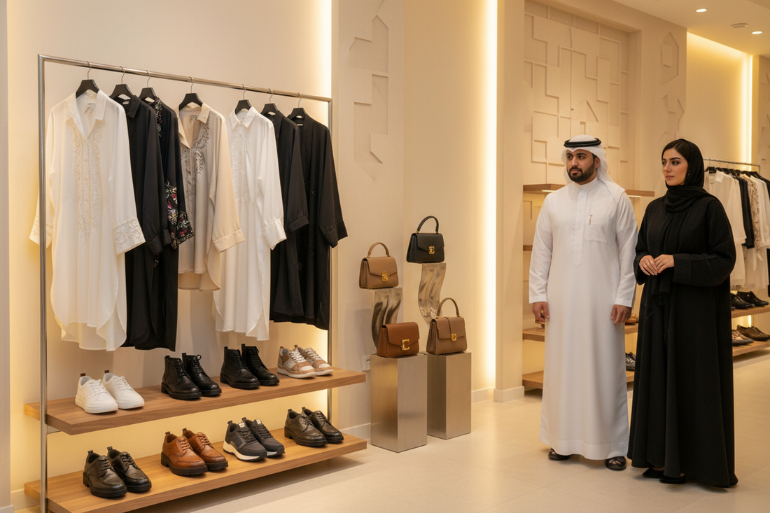 remove moda.sa and place the cloths in hanger and shoes in racks and places the bags in a holder and man and women should be on the right side with an asthetic background